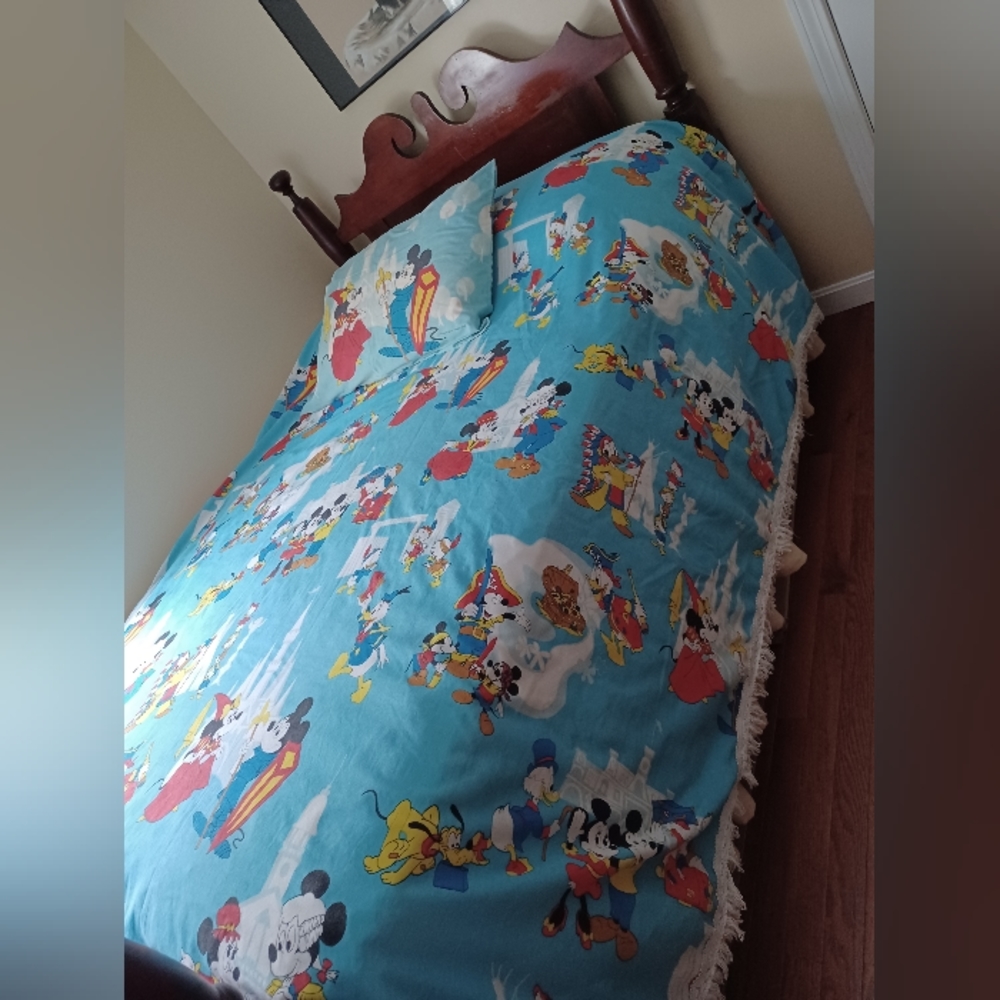 Vintage 70s Walt Disney Frontierland Donald duck Mickey pillowcase & bedspread